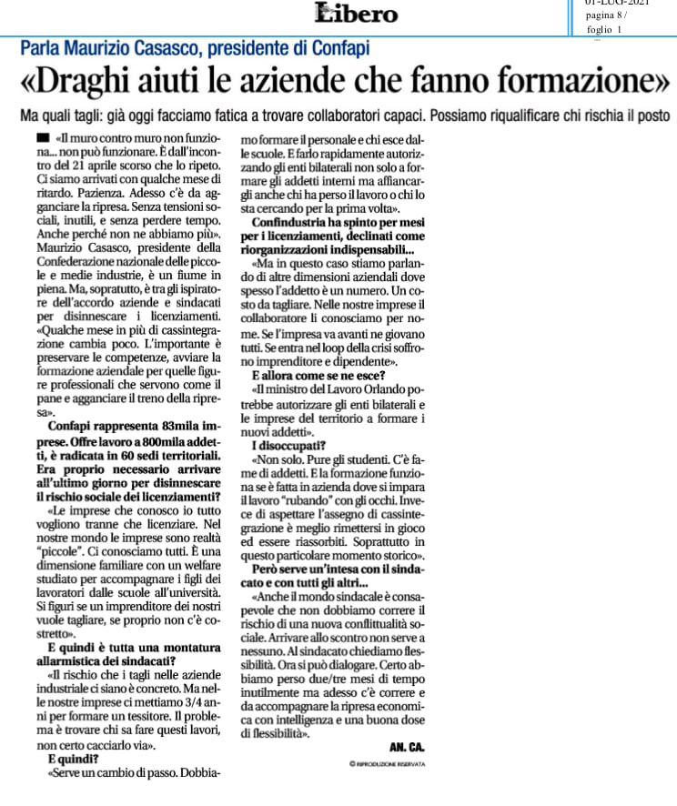 Maurizio Casasco intervistato a Libero