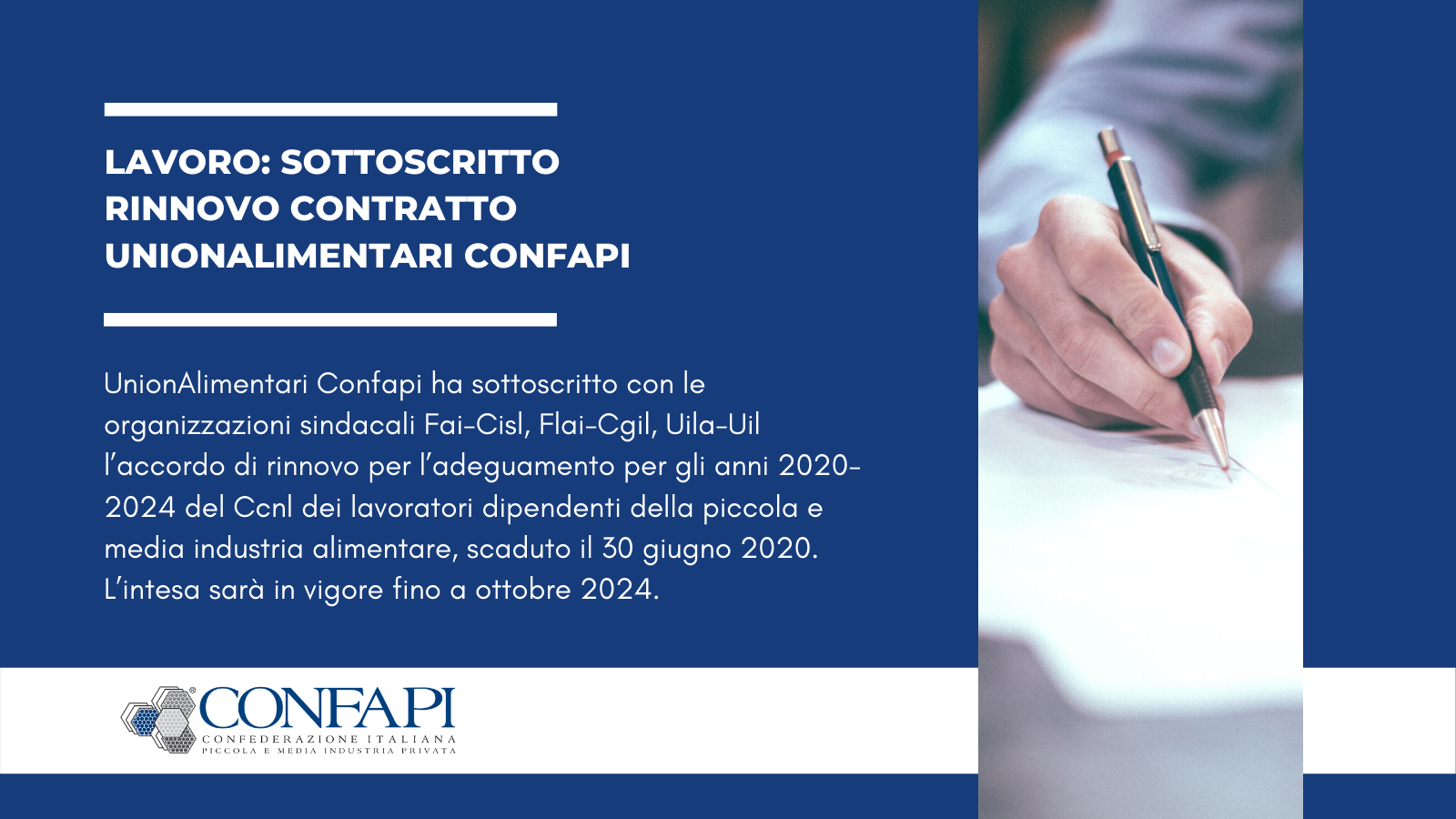 LAVORO: SOTTOSCRITTO RINNOVO CONTRATTO UNIONALIMENTARI CONFAPI