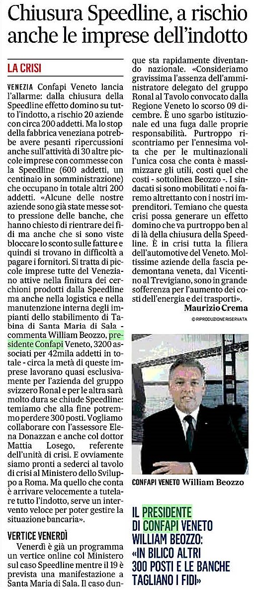 CRISI SPEEDLINE, LA POSIZIONE DI CONFAPI
