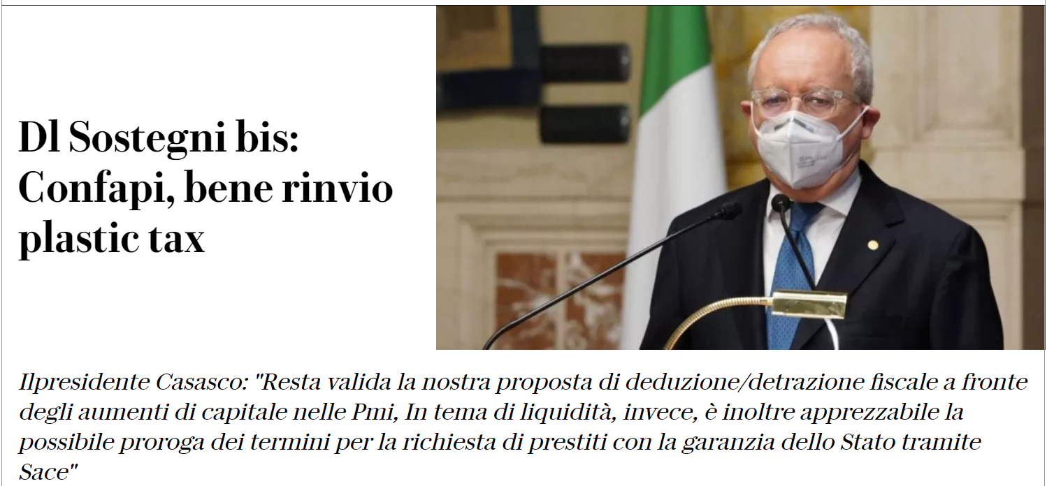 Dl Sostegni bis: Confapi, bene rinvio plastic tax